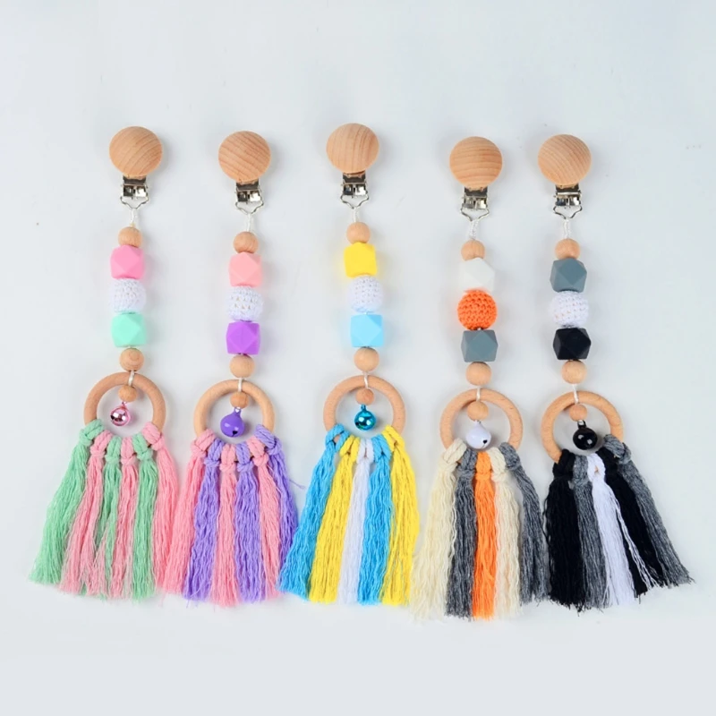 Wooden Baby Pram Clip Toys Silicone Beads Baby Teether Pacifier Clip Chain Baby Gym Hanging Toys Stroller Rattle Mobile Bed Bell