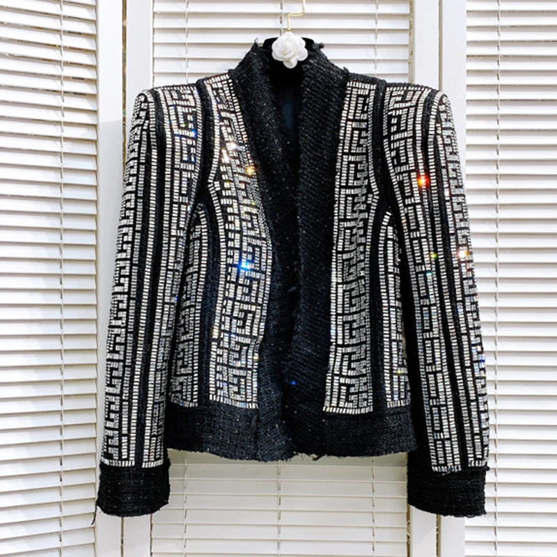 HIGH STREET Newest 2024 Designer Stylish Women's Peak Shoulder Monogram Rhinestone Diamonds Beaded Wool Blends Tweed Jacket