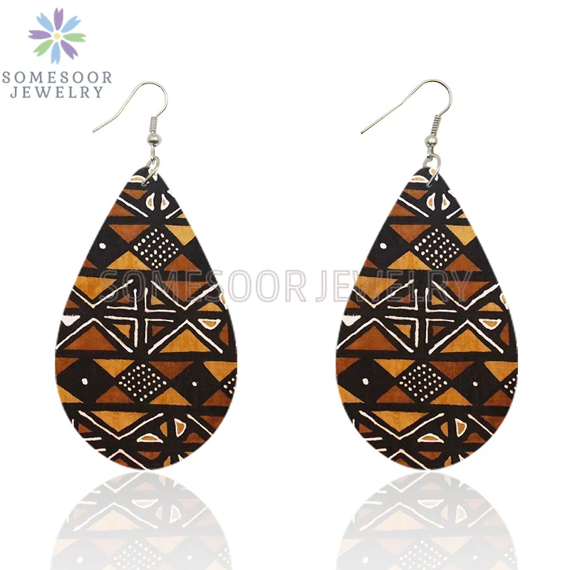 SOMESOOR African Fabric Style Printed Geometric Wood Earrings Tear Drop Bohemian Afro Ethnic Arts Dangle Jewelry For Women Gift