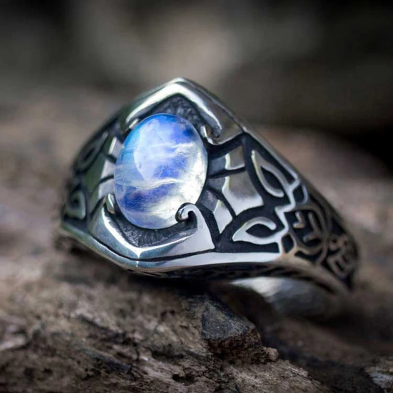 New Vintage Silver Color Carving Pattern Nordic Celtic Rings Imitation Moonstone Ring For Women Retro Fashion Party Jewelry