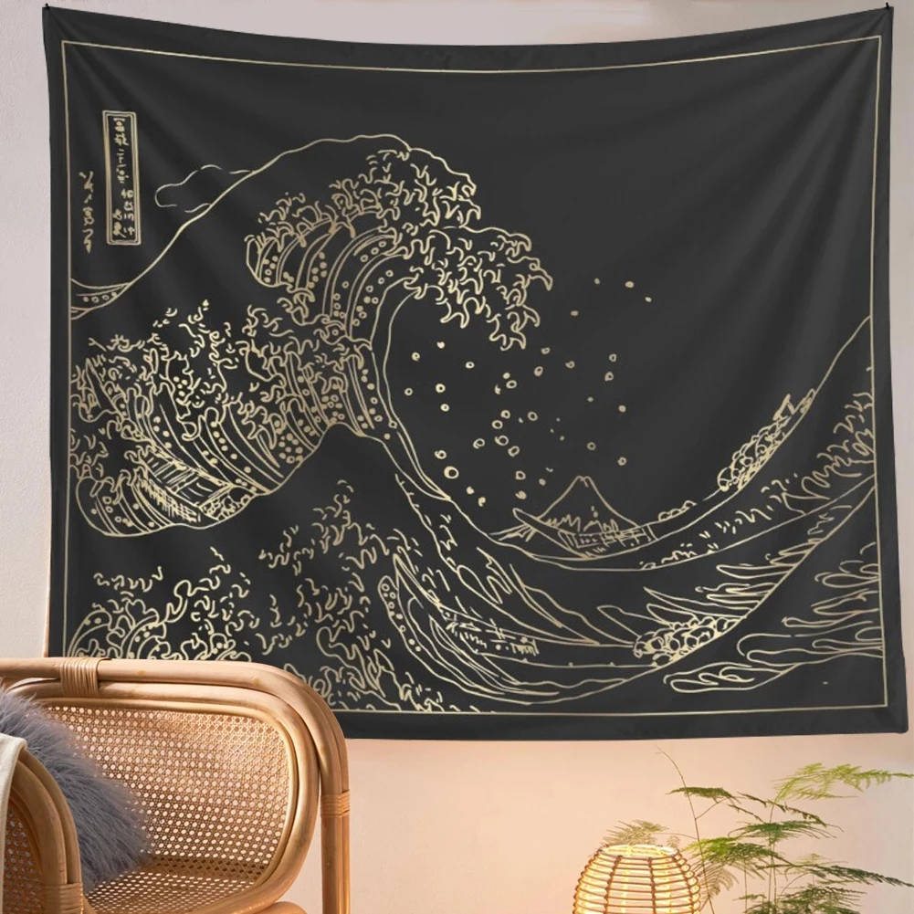 Retro Japanese Kanagawa Wave Black and White Wall Hanging Tapestry Japanese TapestriesSurfing Wall HangingVintage Art tapestry