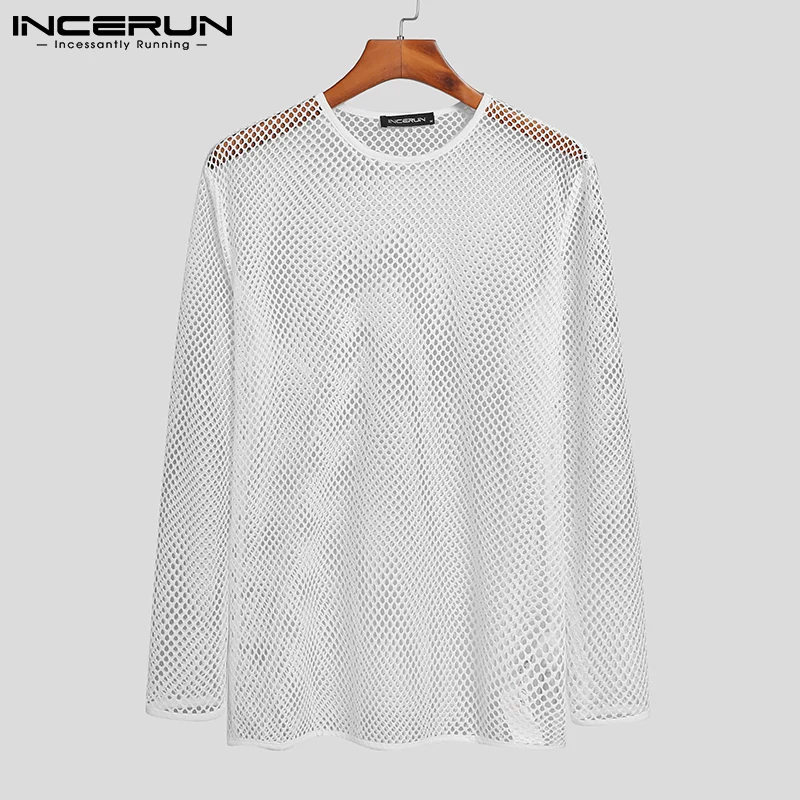 INCERUN 2024 Men T Shirt Mesh Transparent O-neck Long Sleeve T-shirts Sexy Streetwear Fashion Party Nightclub Men Clothing S-5XL