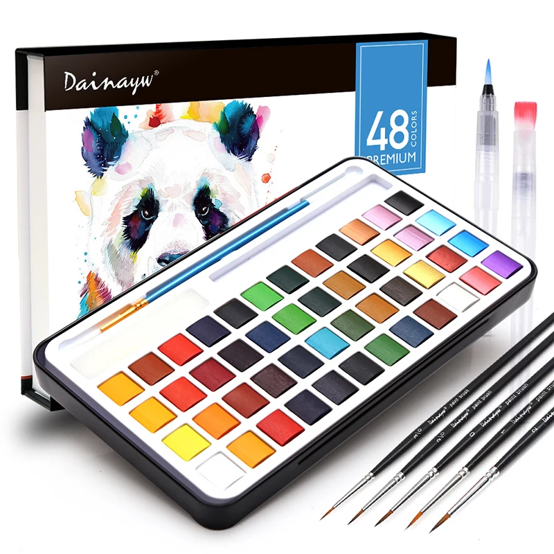 Dainayw 48 Premium Watercolor Paint Set, with Watercolor Paper, Water Brushes, Detail Paint Brush, Glitter Colors, Perfect