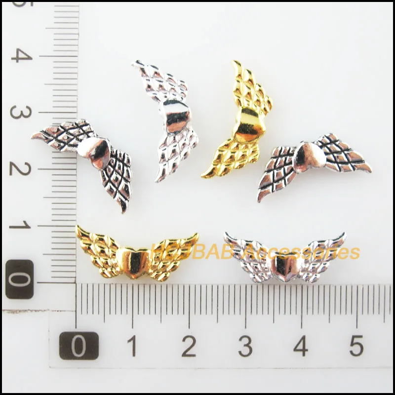 25Pcs Retro Tibetan Silver Tone Gold Silver Color Animal Wings Spacer Beads Charms 9x22mm