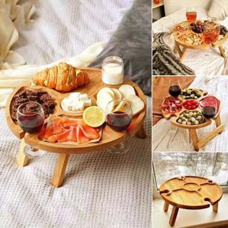 Portable Folding Picnic Table Family Lovers Outdoor Party Goblet Holder Wine Rack 2in1 Fruit Snacks Wooden Travel Dining Table