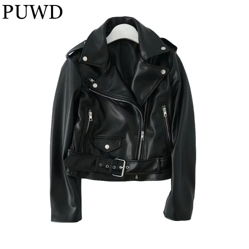 

PUWD Vintage Women Faux Leather Motorcycle Jacket 2021 Autumn Winter Casual Cool Zipper Street Sashes Jacket Slim Female Outwear