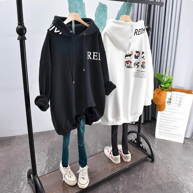 Women\'s Hoodies Autumn Winter Plus Velvet Thick Couple Clothes 2024 New Cartoon Letters Large Size Loose Mid-length Jacket Coat