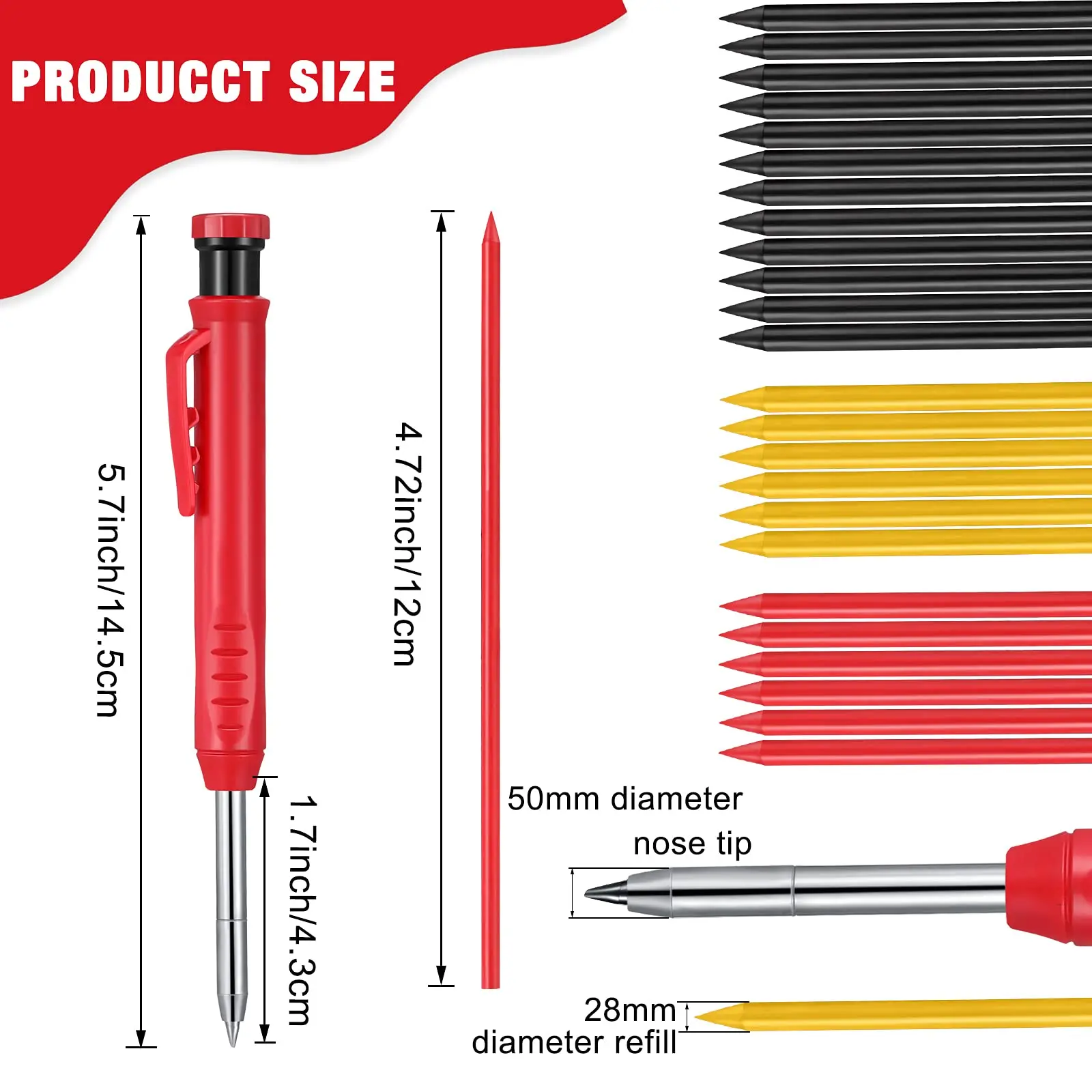 Solid Carpenter Pencil Built-in Sharpener Deep Hole Mechanical Pencil Marker Marking Tool 6 Refill Leads Woodworking Tools Set A