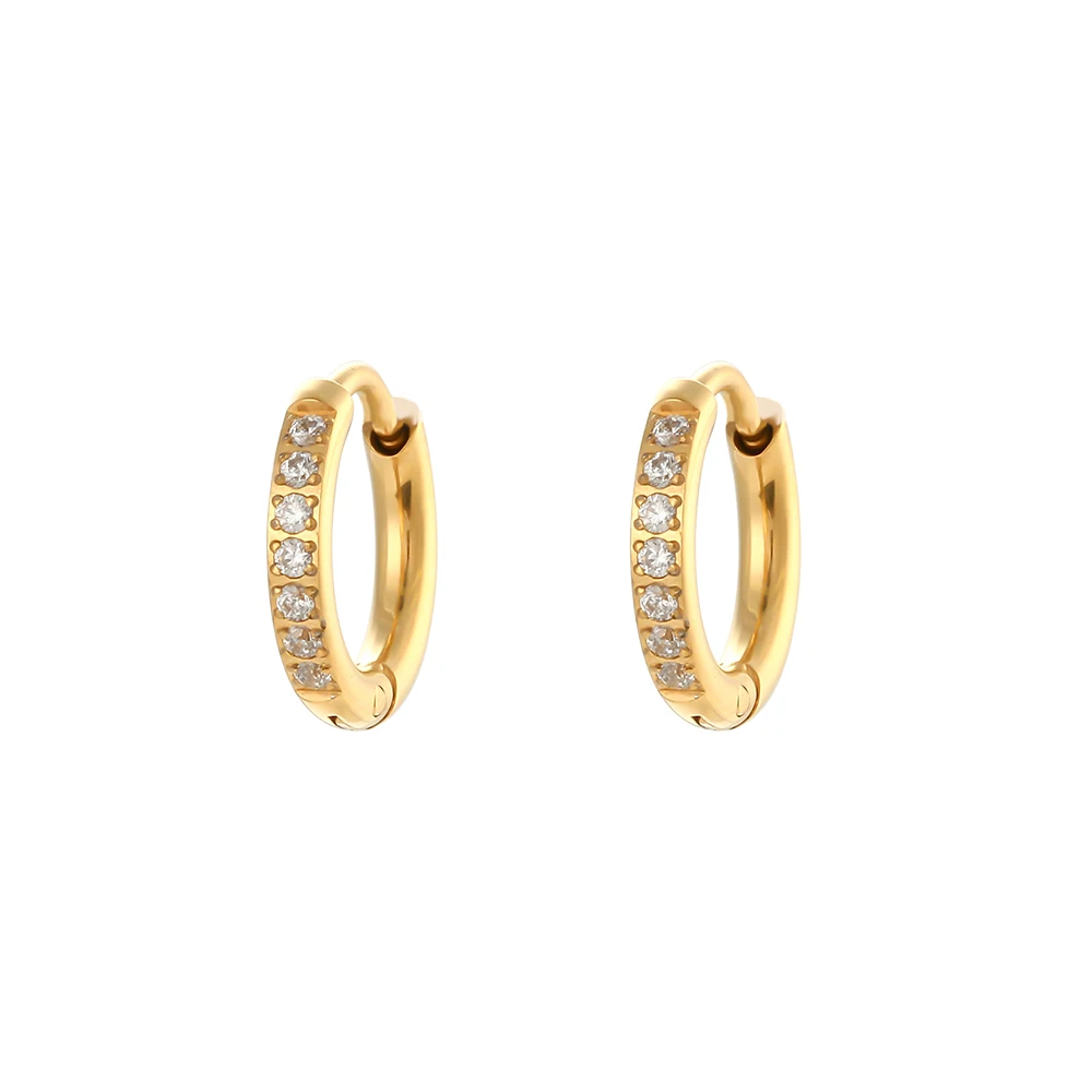 E.B.belle Basic Clear Gemstone Crystal Paved Huggie Hoop Earring Wodoodporny okrągły pozłacany kolczyk damski ze stali nierdzewnej — zdjęcie 2