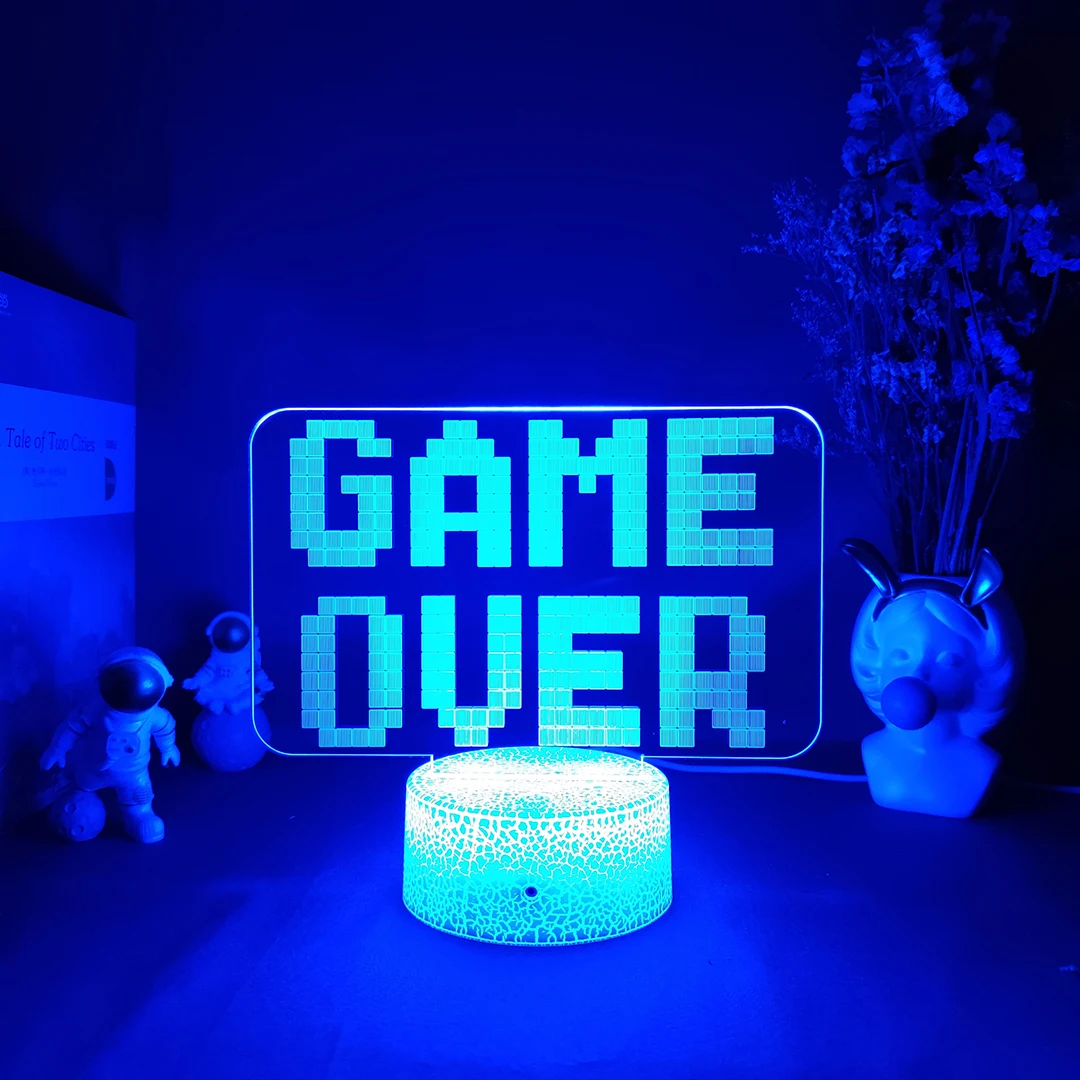 3D LED Light GAME OVER Sign Acrylic Illusion Night Lamp RGB Flashing Cool Gift Desktop Setup Computer Backlight Room Decoration