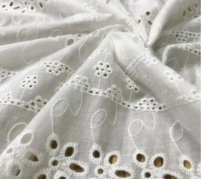 Antique Embroidery Hollowed Cotton Fabric, Flower Cotton Fabric, Off White Lace Fabric By The Yard