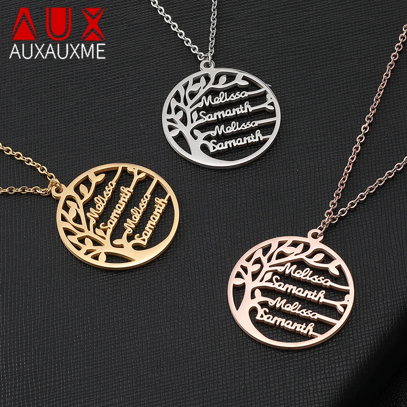 Auxauxme Personalized Tree Of Life Custom Name Necklace Stainless Steel Golden Family Tree Women Letter Necklace Christmas Gift