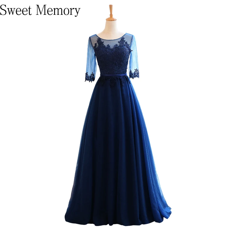 

Navy Blue Long Tulle Evening Dresses Women Vestido Illusion Half Sleeve Embroidery Lace Up Party Prom Dress Bridesmaid Robe