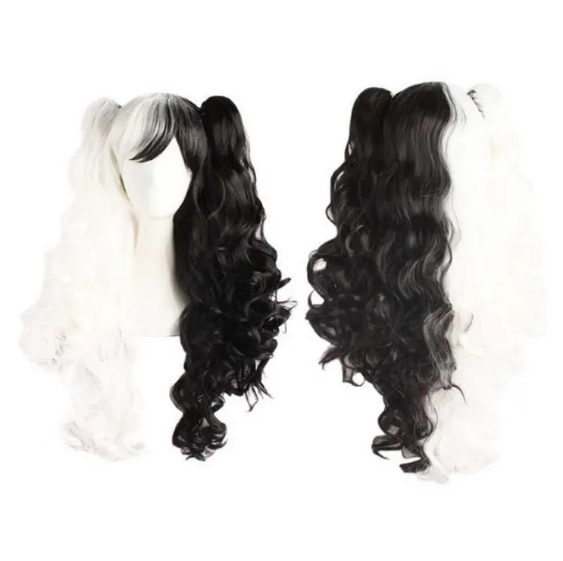  Monokuma Women Long Ponytails Curly Wig Cosplay Costume White Black Mix Heat Resistant Synthetic Hair Wigs + Wig Cap