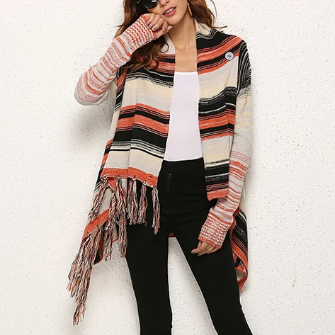 TEELYNN Long Sleeve Sweaters Cardigan Women Coats Vintage Irregular Fringe stripe Autumn Winter Jacket Boho knitted Long Jumper