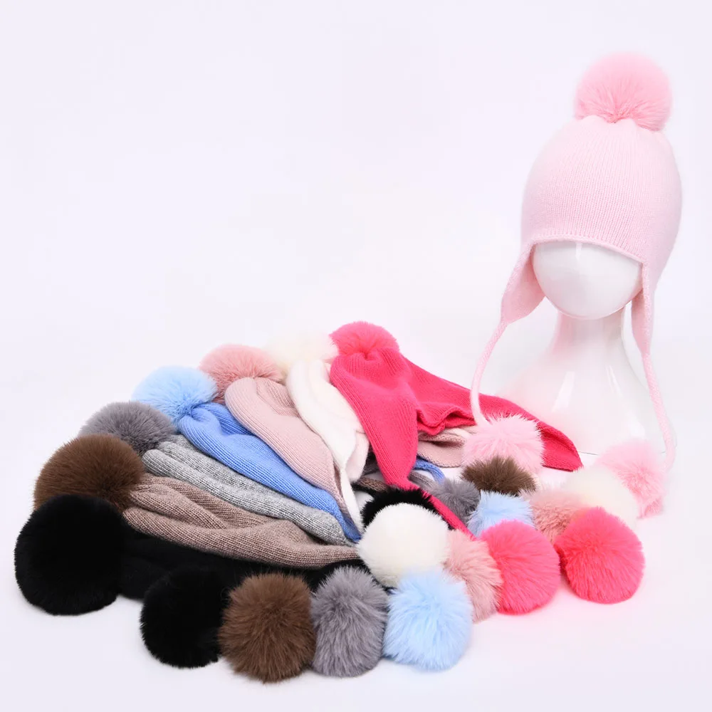 Jxwatcher Kids Baby Boy Girls Cute Pom Pom Winter Hats Cashmere Earflap Double Layer Knit Beanie Hats Children Outdoor Keep Warm