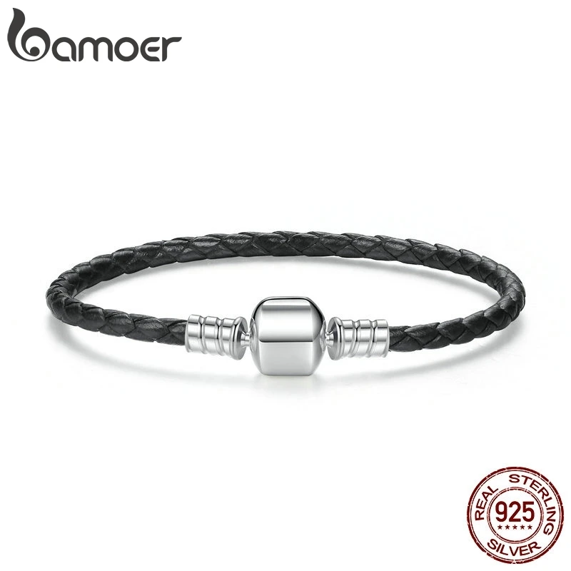 BAMOER Popular 925 Sterling Silver Genuine Leather Bracelets with Snake Chain Unisex DIY Bracelet Fine Jewelry PAS911