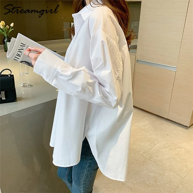 Oversize White Shirt Women Autumn Turn-down Collar Solid Blouses Women\'s Shirts Casual Loose Cotton Shirt Women Overzise White