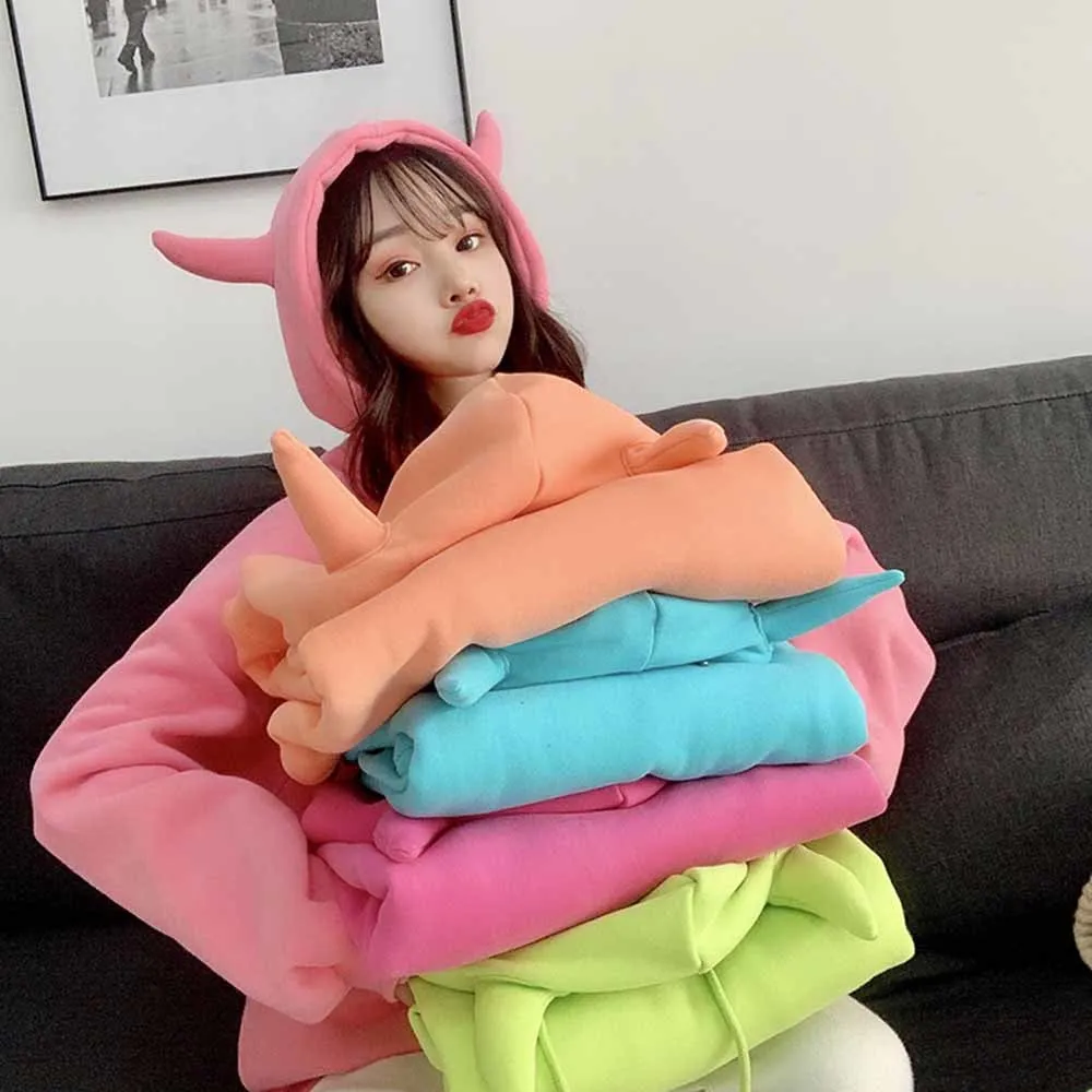 2022 Spring Devil Horn Hooded Sweatshirt Women Plus Velvet Warm Loose Harajuku Hoodies Best Friends Match Cute Pullover Tops