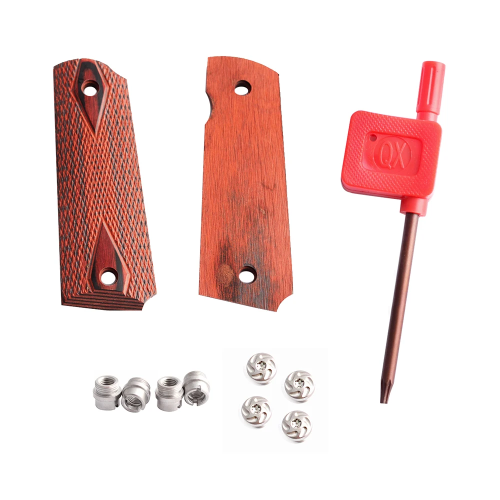 1911 Checkered Red Diamond Wood Grips With Allen Screws & SS Grip Screws Bushings