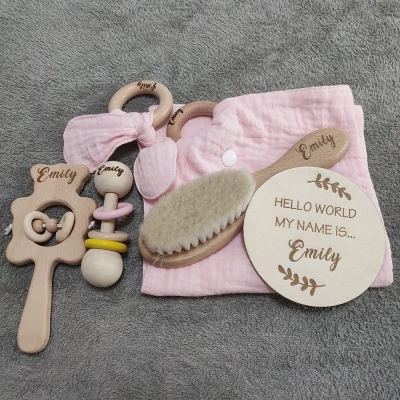 Personalized Baby Gift Set, Goat Hair Brush Wood Rattle Sensor Toys, Dummy Clip Dummy Chain Baby Name Sign Baby Gift