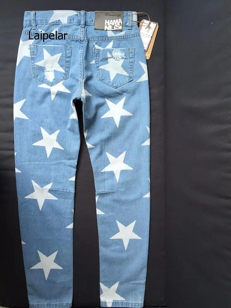 Summer Woman Big Hole Star Print for Women with Ripped Jeans Light Blue Denim Pants