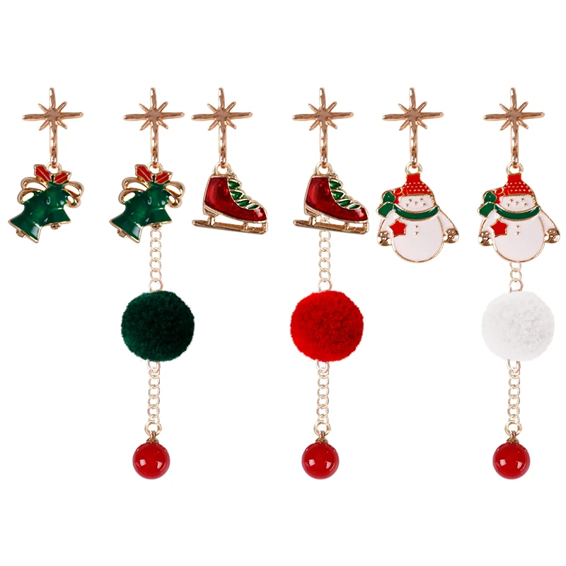 2020 New Christmas Earrings Temperament Ladies Asymmetrical Plush Ball Snowman Wreath Bell Pendant Alloy Jewelry New Year Gift