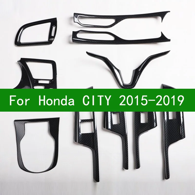 Nadaje się do Honda City 2015-2019 osłona kierownicy z włókna węglowego dekoracja wnętrz tapicerka, przełącznik okna elektrycznego tapicerka 2017 2016