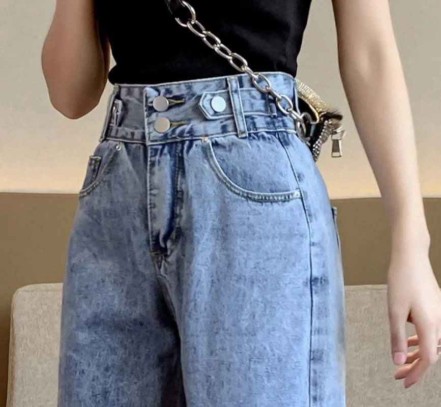 2023 Women New Vintage Jeans Button Fly High Waist Harem Pants Indie Fashion Loose Blue Jeans Y2k Chic Korean Body Denim Pants