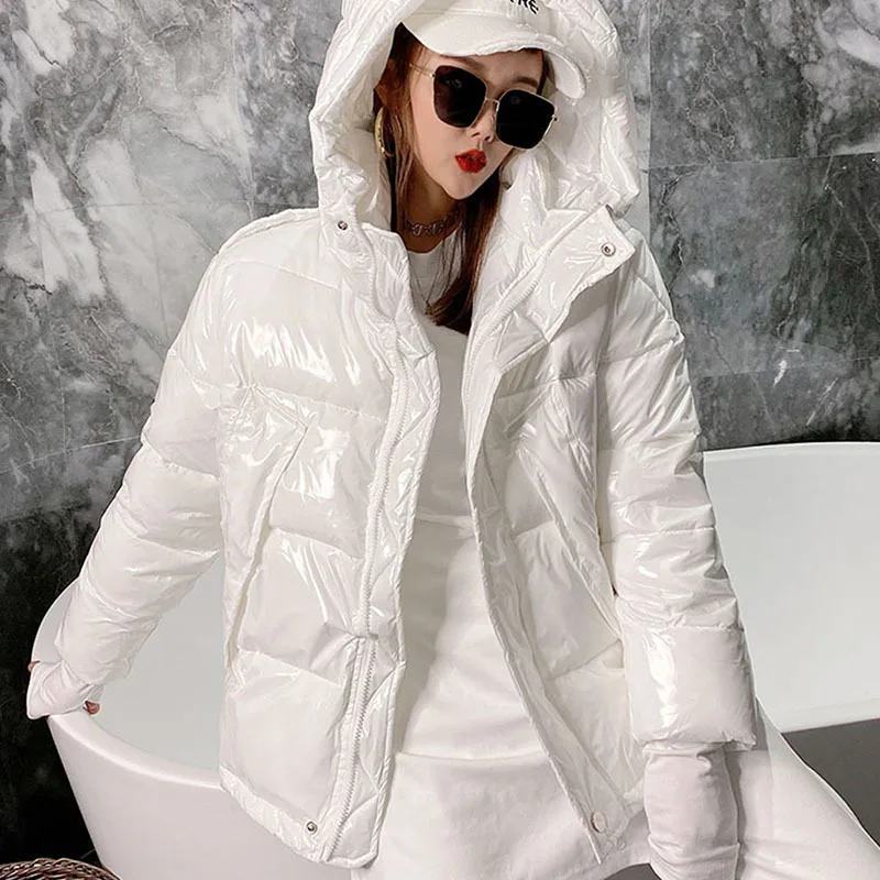 2024 Winter Korean Women Hooded Glossy Cotton Coat Candy Color Drawstring Long Sleeve Yellow/orange Winter Parkas Female Outwear