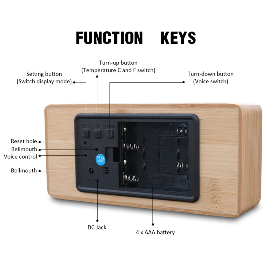 Bamboo Wooden Mirror Alarm Clocks Temperature Sounds Control Desktop Clock With Digital Watch Electronic LED Clocks Despertador