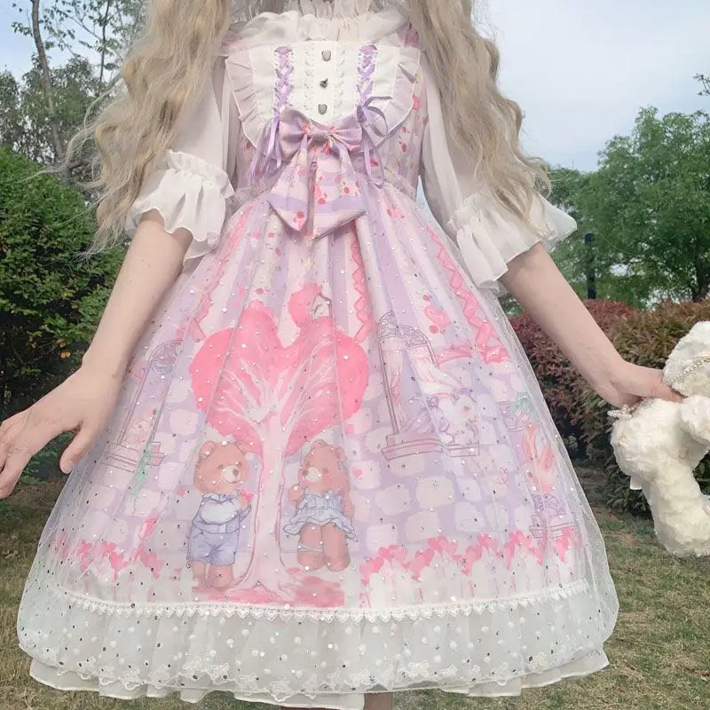 

Sweet princess lolita strap dress vintage falbala high waist printing victorian dress kawaii girl gothic lolita cosplay loli