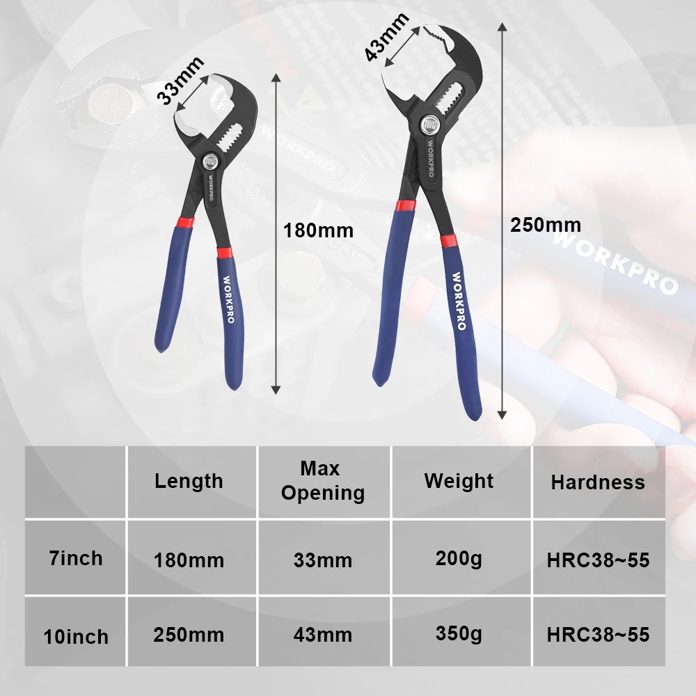 WORKPRO 180/250mm Water Pump Pliers Universal Adjustable Quick Adjusting Curved Jaw Groove Joint Pliers Non-Slip Comfort Handle