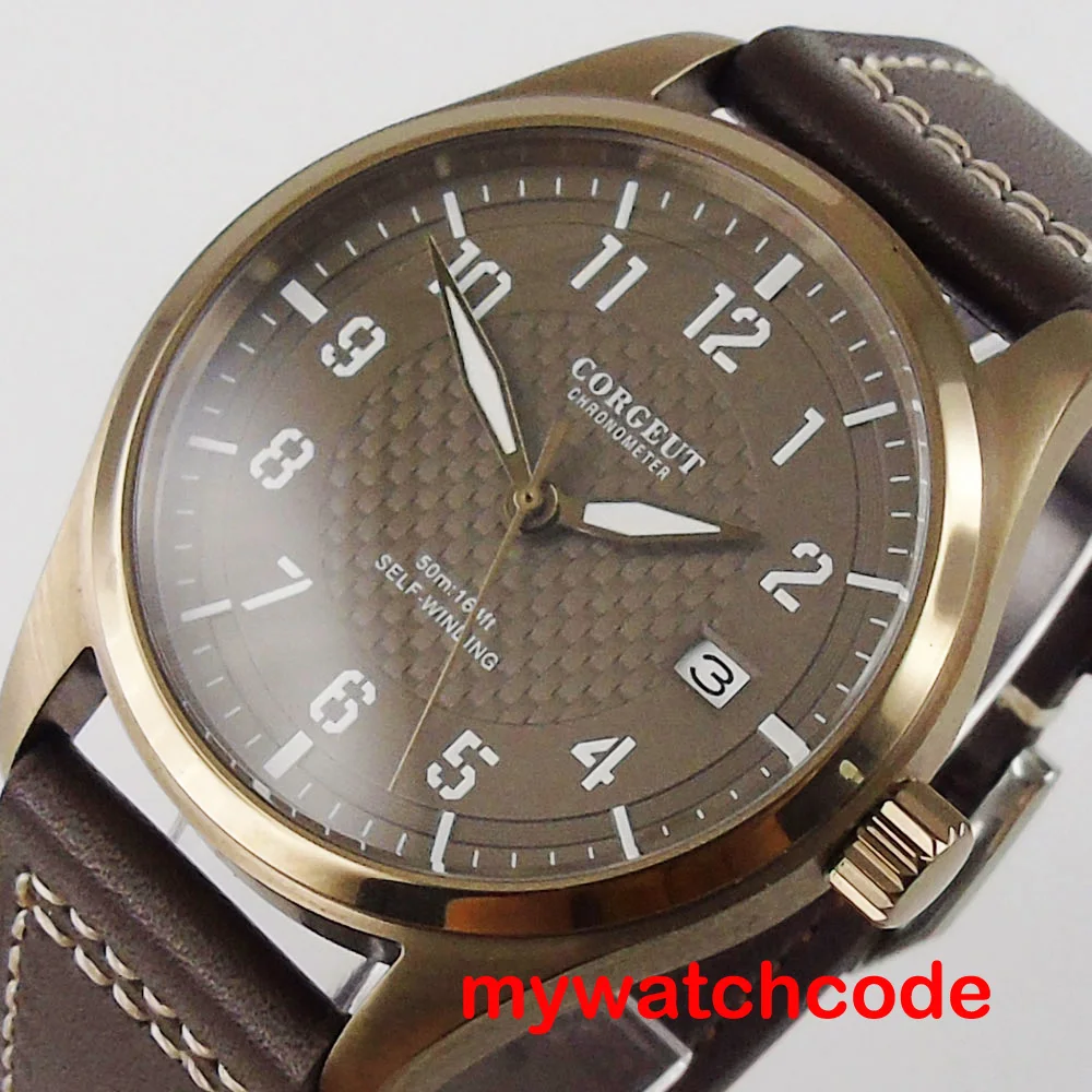 40mm corgeut brown dial data janela 316l caixa de aço inoxidável pulseira de couro marrom nh35 movimento automático relógio masculino