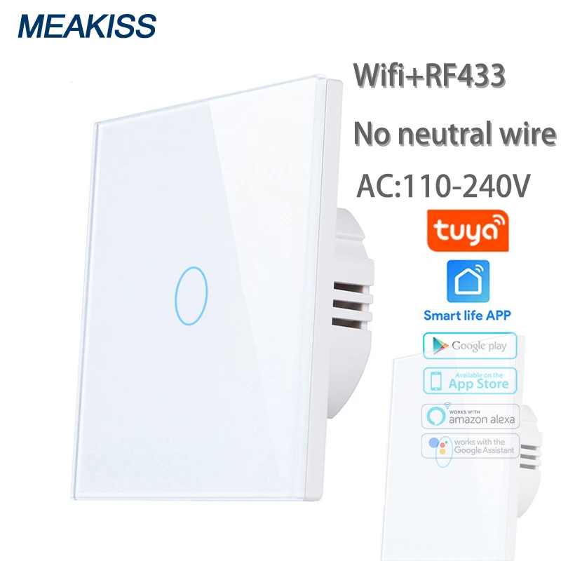 

MEAKISS Wifi touch light switch Tuya Alexa voice control crystal tempered glass panel EU standard No neutral wire Sensor switch