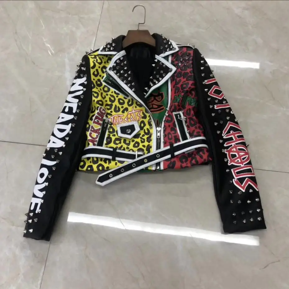 Rivet beading soft pu leather coats Women cartoon Graffiti Leather Jacket Punk Rock Cropped Jackets faux leather Outerwear F2193