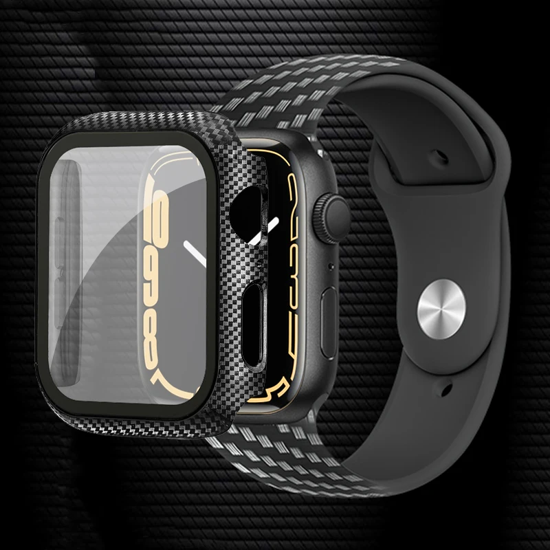 Carbon Fiber Case For Apple Watch 45mm 41mm 44mm 40mm 42mm 38mm iwatch 8 7 6 5 4 3 SE Cover +Glass Apple Watch Screen Protector