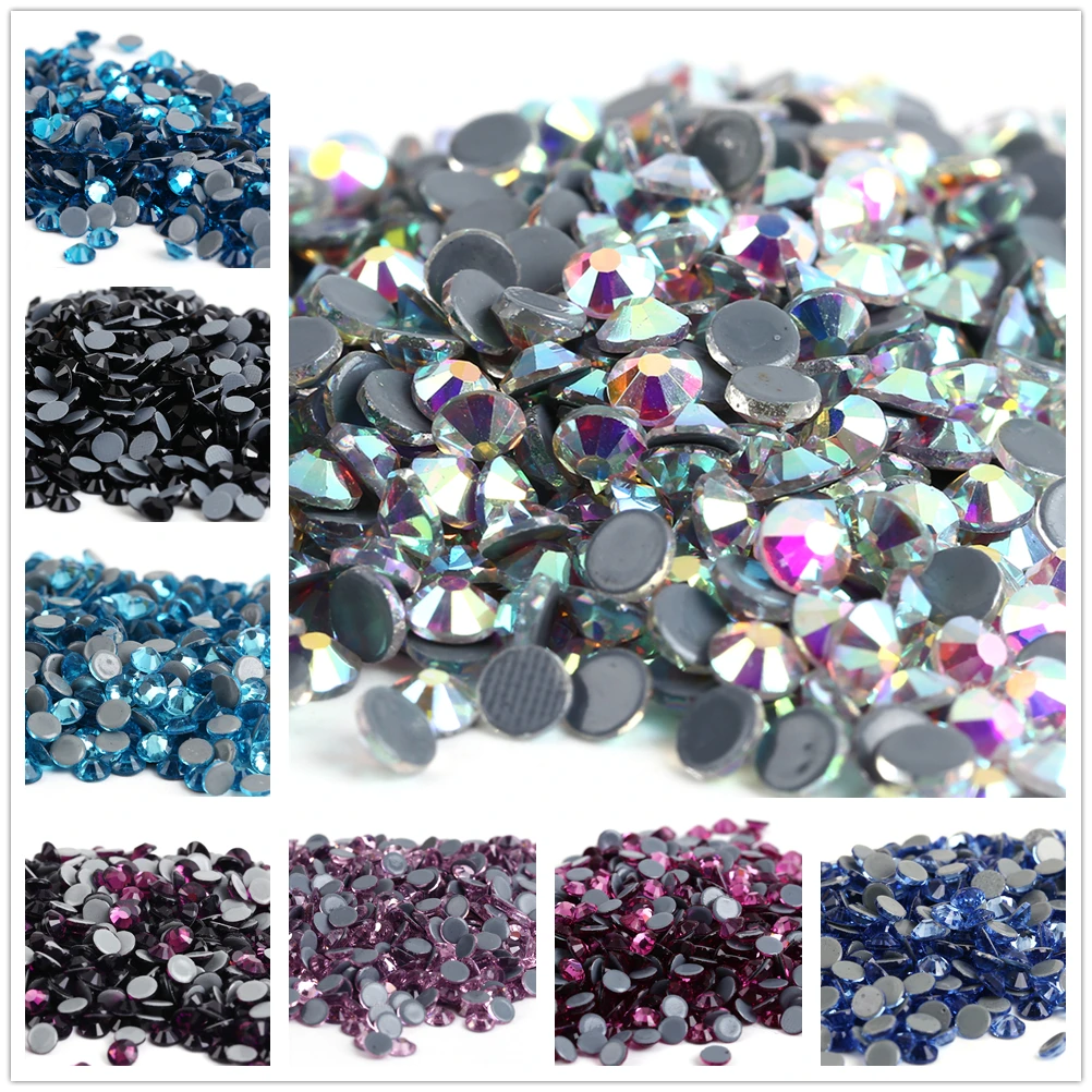 All Sizes Color Crystal AB Glass Glitter Iron On Strass Flat Back Hotfix Rhinestones For Nail Art Sewing & Fabric Decoration