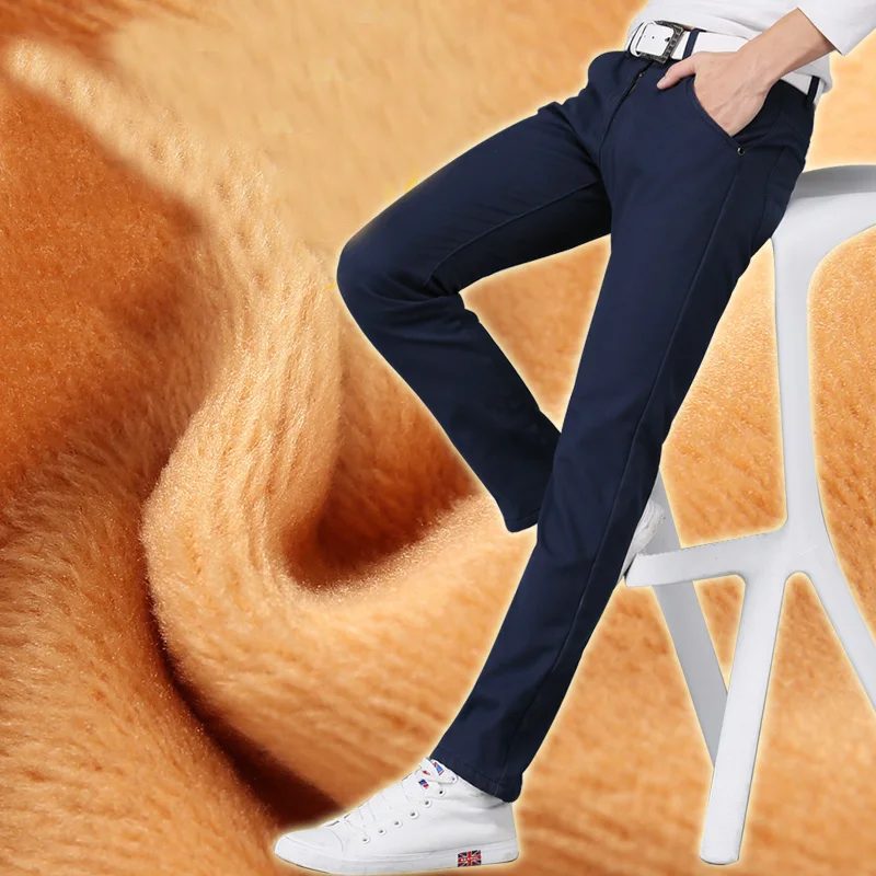 2023 Winter New Men\'s Warm Casual Pants Classic Style  Fashion Thicken Slim Fit Fleece Trousers Black Blue Khaki Brand Clothes