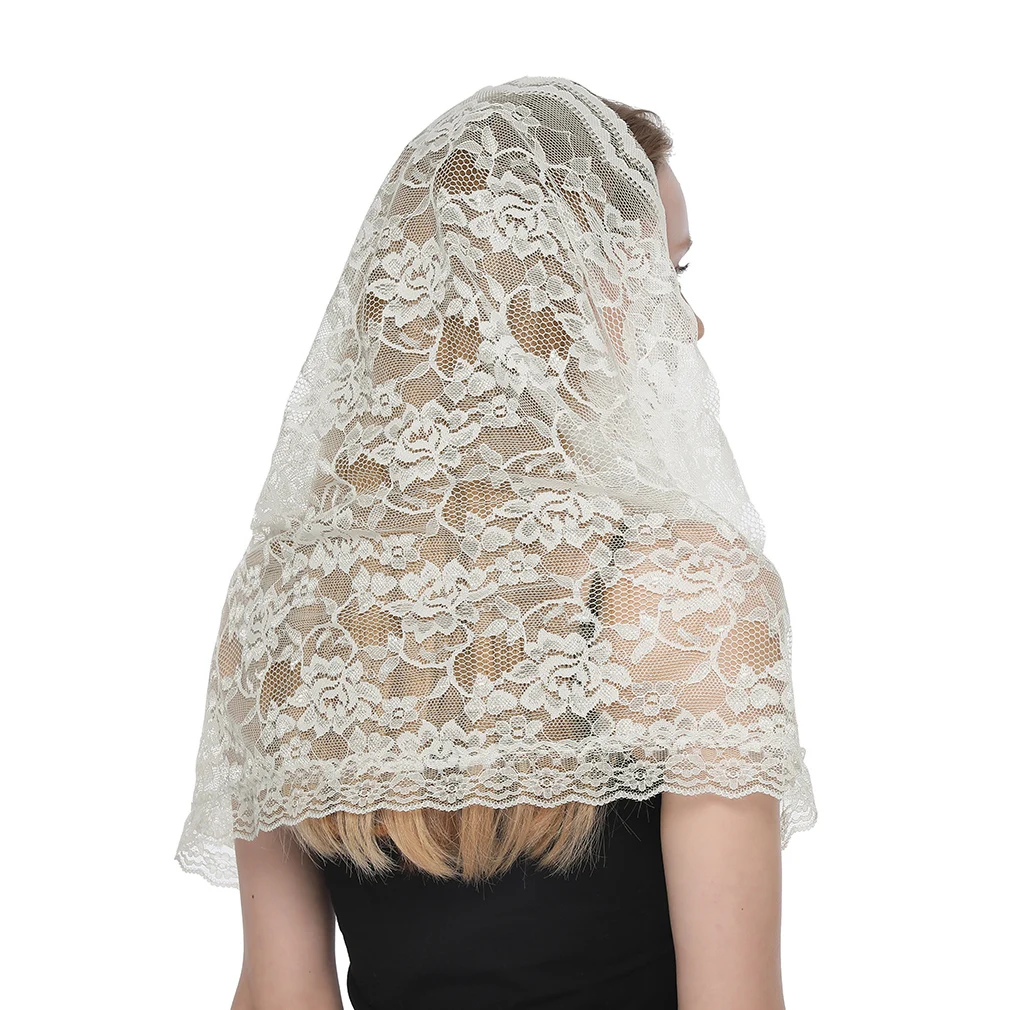 Embroidered Scarf for Church Round Veil Polyester Shawl in Church Spanish Mantilla Lace Floral Solid Color Women Prayer Shawls