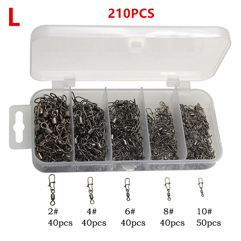 210pcs/set High speed Fishing Enhance Connector Pin Bearing Rolling Swivel Copper Alloy with Snap-on Brake Fishing Hook Tackle