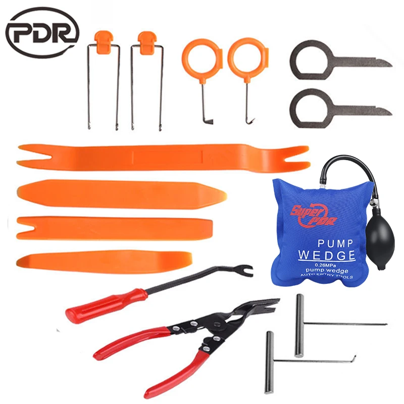 15 PCS /SET Locksmith Tools Super PDR Pump Wedge Lockpick Tools + Panel Removal Open Pry Car Dash Door Radio Trim Clip Tools Set