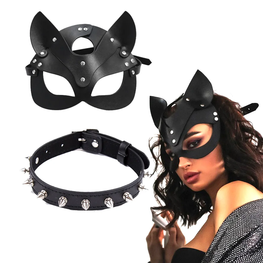 Erotic Women Sexy Mask Half Face Fox Cosplay Leather Sex Mask Halloween Party Mask Masquerade Ball Fancy Masks Punk Collar BDSM