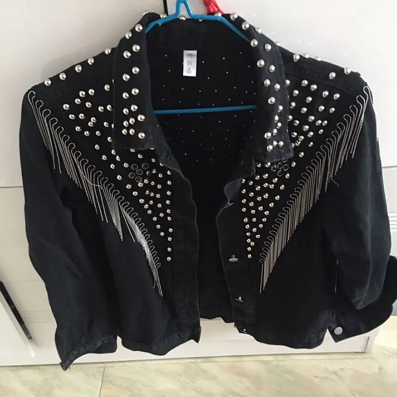 Tassel Rivet Denim Jacket Women Tops Autumn Spring Black Cool Outwear Jackets Streetwear Punk 2022 Fashion Long Sleeve Loose XL