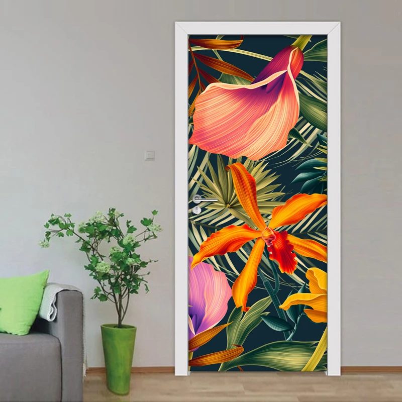 

3D Door Sticker Wallpaper Flowers Living Room Bedroom PVC Self-Adhesive Waterproof Art Mural Sticker Wall Decals Home Decoration