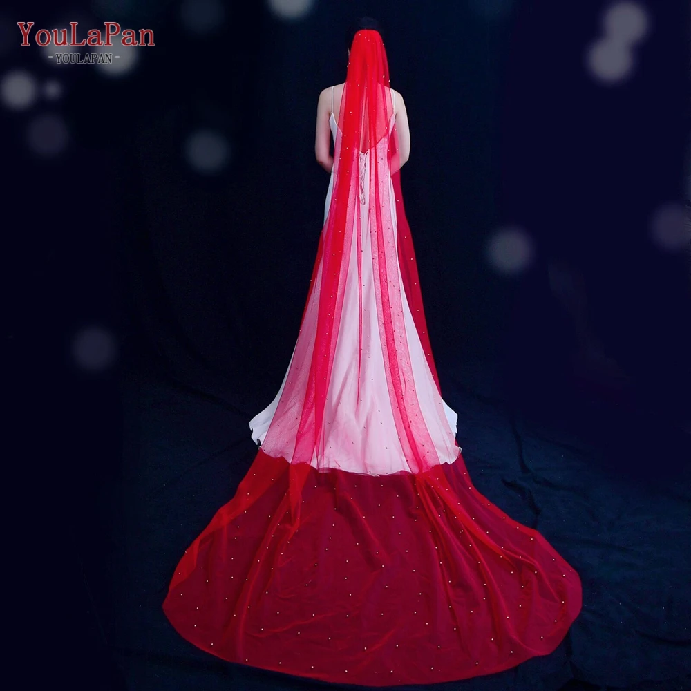 YouLaPan V89 Bridal Veil Red Coloured Bridal Veil Indian Bridal Red Veil with Pearl Cathedral Veil Wedding Baroque Bridal Veil