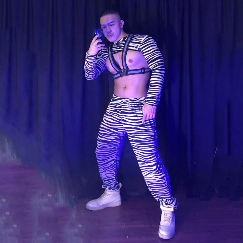 Homens padrão zebra meia calças superiores bar boate dj ds gogo traje sexy pólo dança roupas rave outfit palco clubwear xs3053