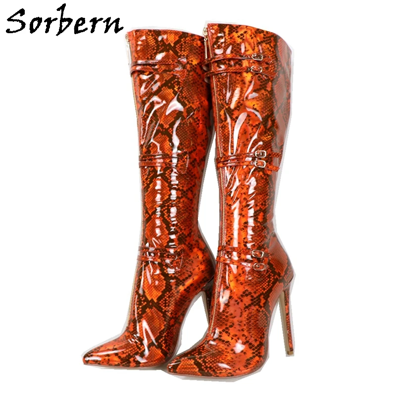 

Sorbern Python Women Boots Knee High Front Zipper High Heels Pointed Toe Stilettos Winter Plush Lady Boot For Cosplay Party Shoe