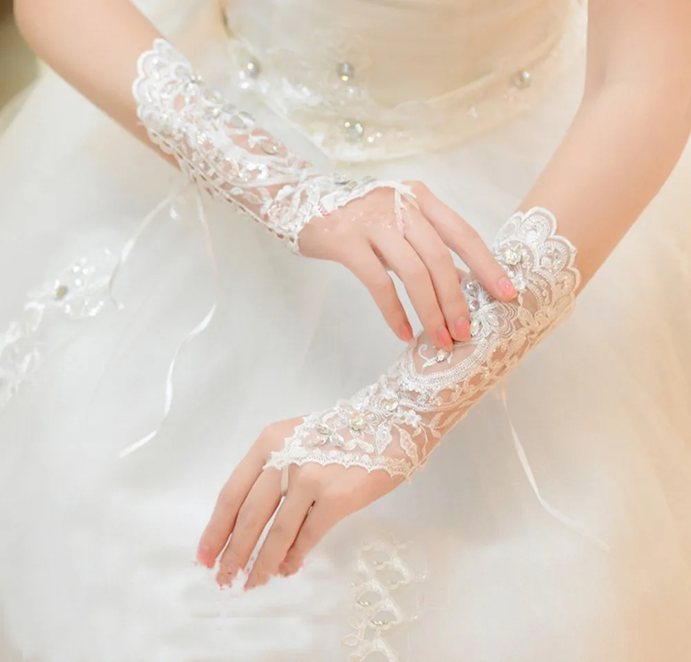 1 par de guantes de novia sin dedos de color blanco marfil para mujer, elegante guante de encaje blanco con diamantes de imitación, accesorios de boda