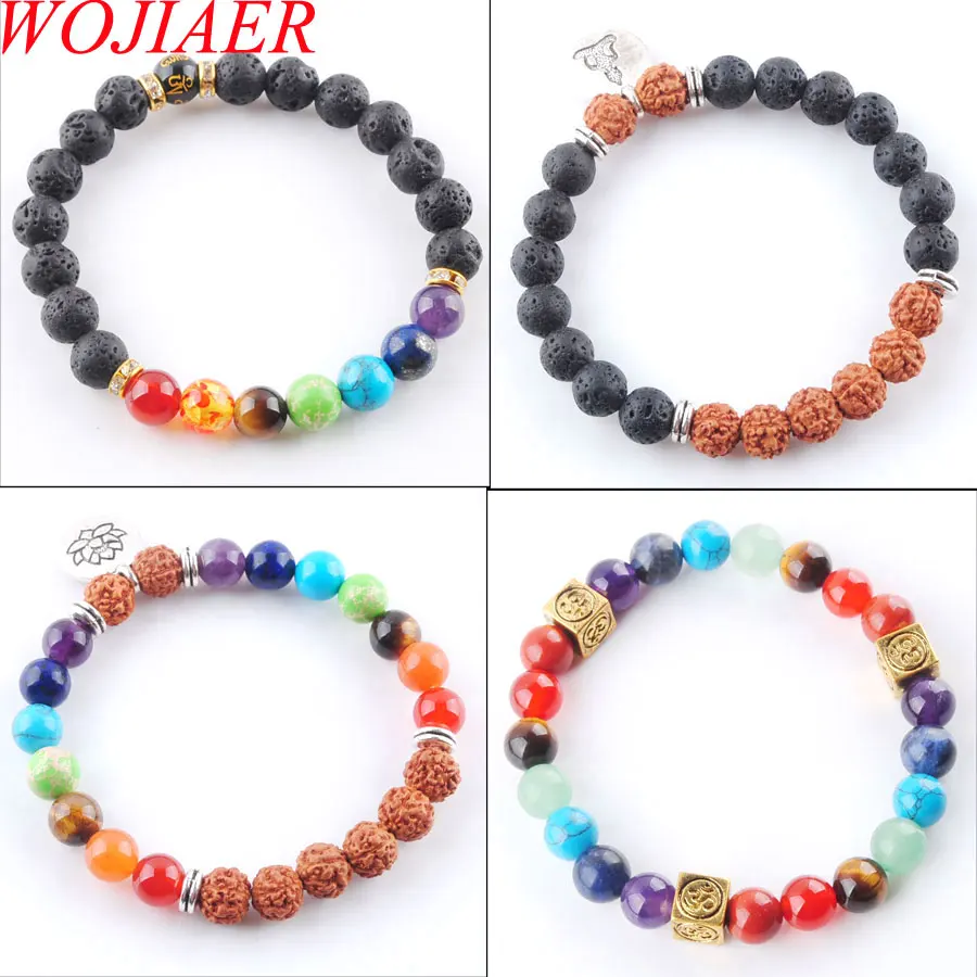 WOJIAER 10Strand/Lot Lava Rock Vajra Bodhi Walnut Shaped Beads Bracelets 7 Chakra Healing Gothic Religion Bangle BK336